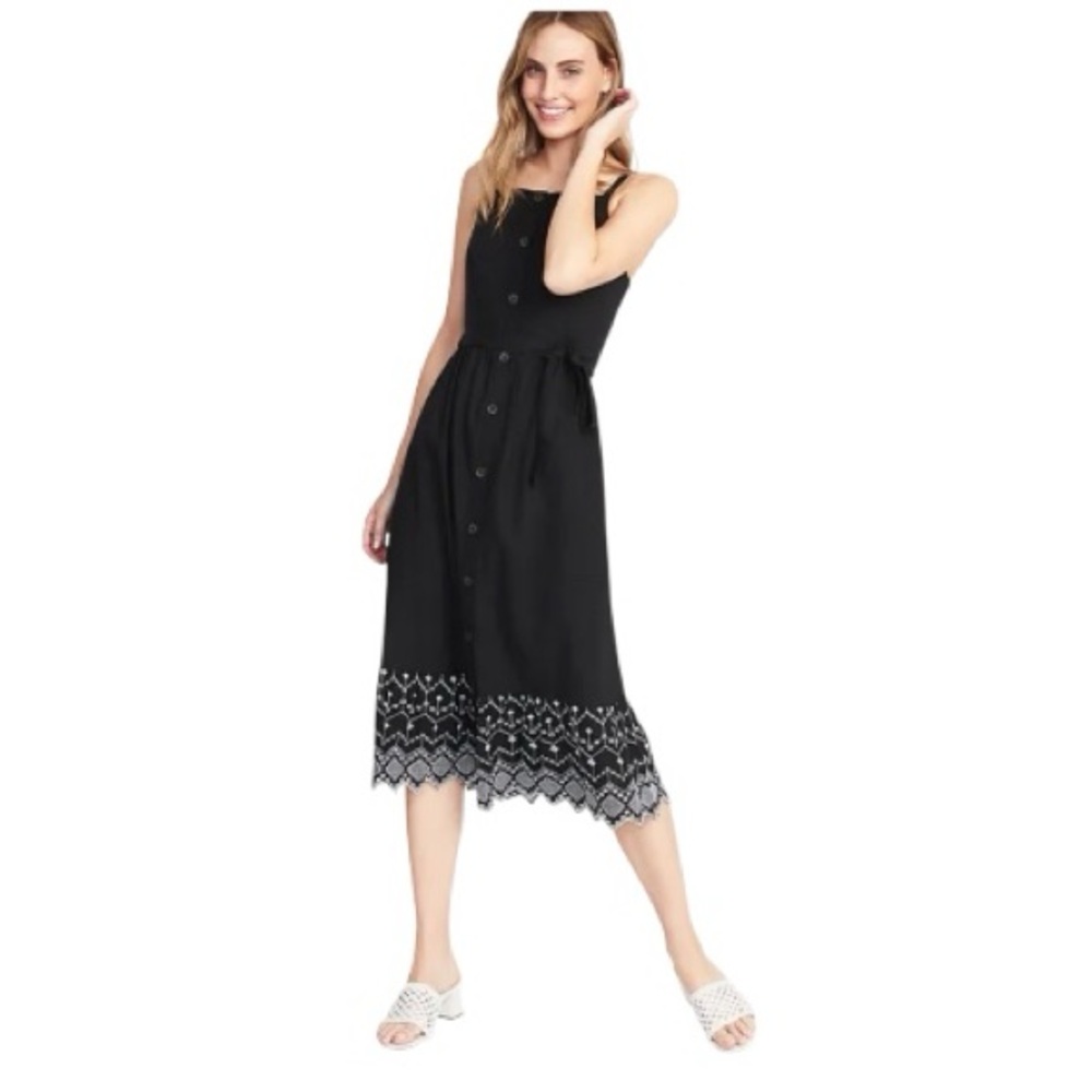 Old Navy Black Square-Neck Button-Front Linen Eyelet Midi Dress Small